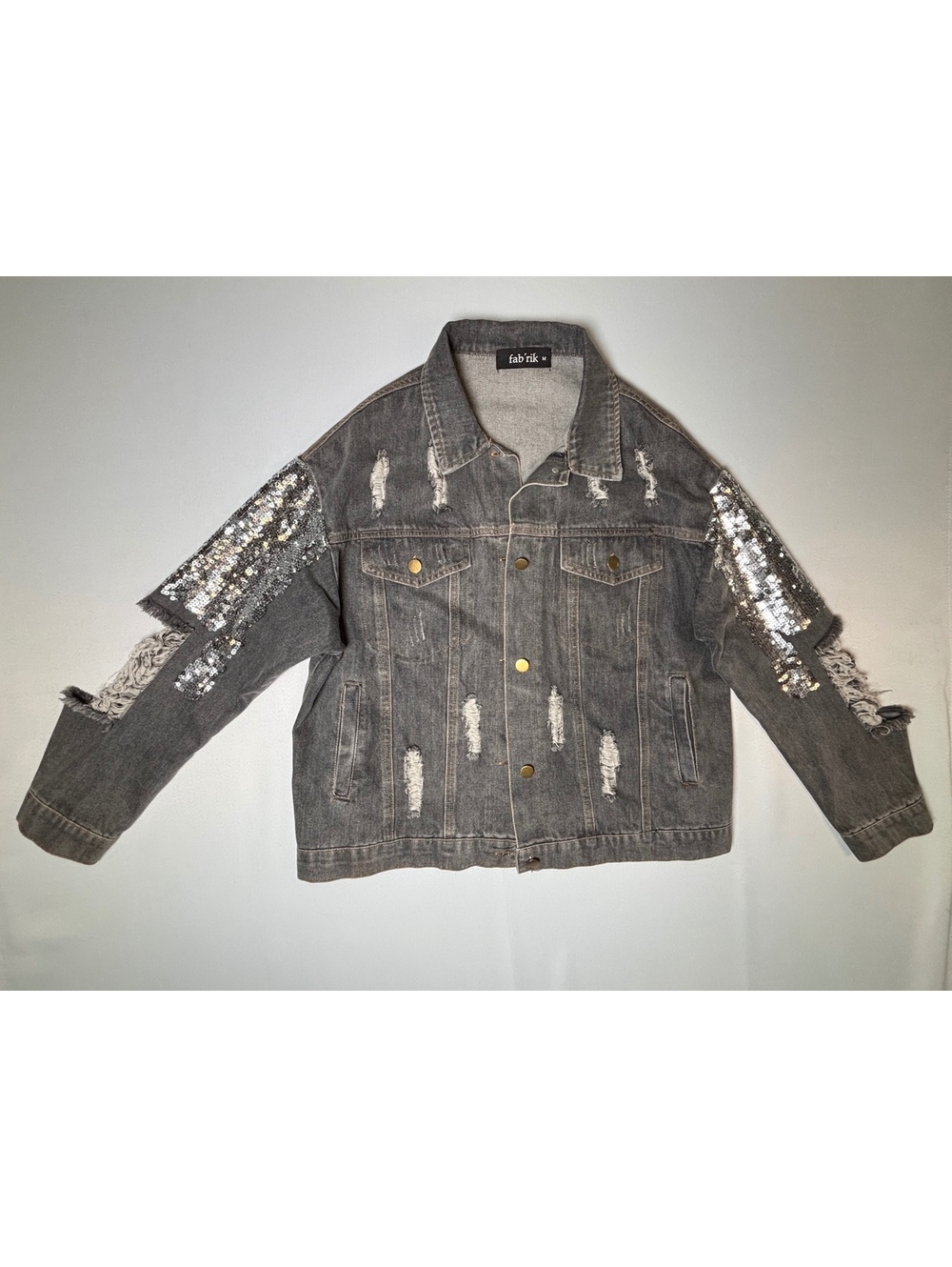 fab'rik Distressed Gray Denim Jacket with Sequin Sleeve Detail, Size M